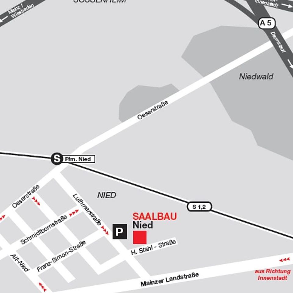 Karte mit einer Markierung des Standorts Nied. Es gibt einen Parkplatz und eine S-Bahn Haltestelle.